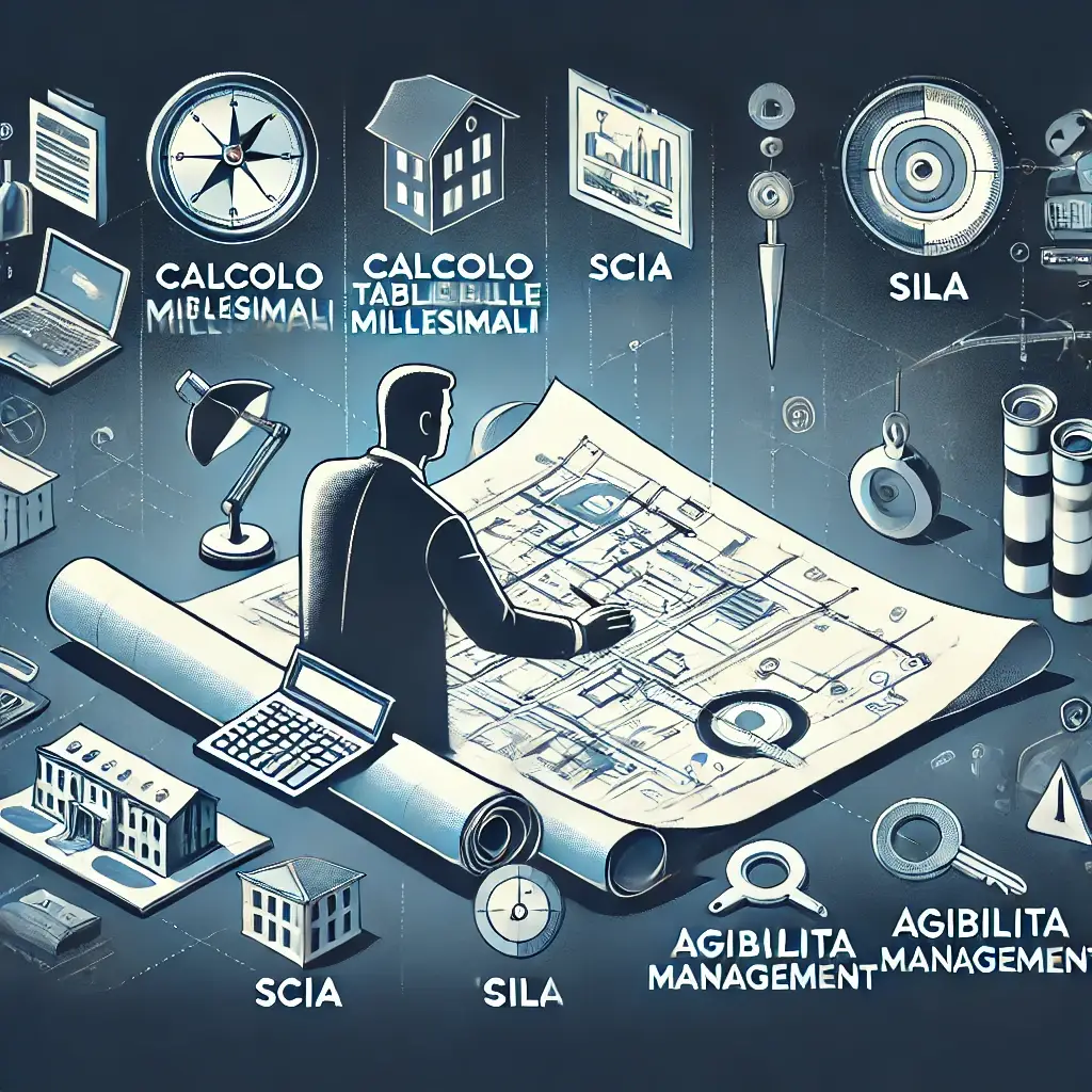 Geometra che analizza progetti tecnici e documenti, rappresentando i servizi di Calcolo Tabelle Millesimali, SCIA, CIL/CILA e gestione delle pratiche di Agibilità