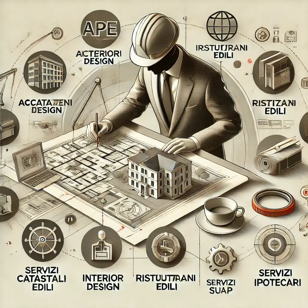 Geometra che esamina progetti di Interior Design, accatastamenti e documenti tecnici, simbolizzando servizi APE, Ristrutturazioni Edili, Servizi Catastali e Ipotecari, Permessi di Costruire, e pratiche SUAP